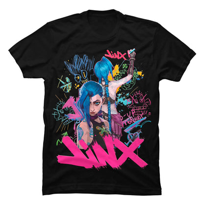 Camiseta negra de algodón para jóvenes con un diseño de Jinx en estilo graffiti colorido inspirado en la serie Arcane