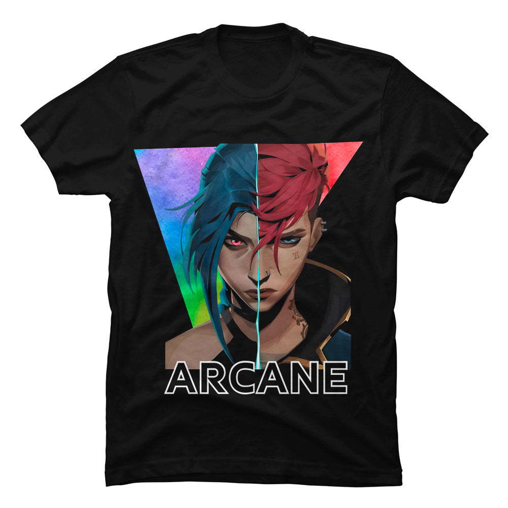 Camiseta negra de algodón con ilustración de las hermanas Vi y Jinx de la serie Arcane de League of Legends