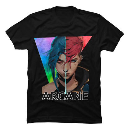 Camiseta negra de algodón con ilustración de las hermanas Vi y Jinx de la serie Arcane de League of Legends