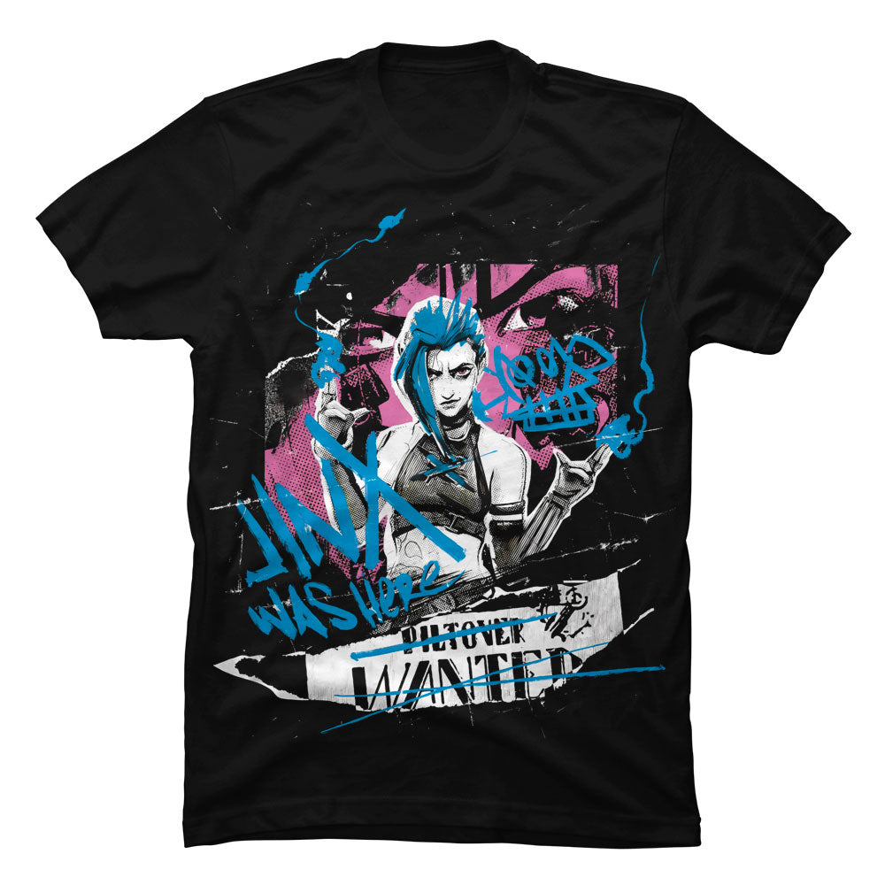 Camiseta negra de algodón con el diseño del cartel de "Se Busca" (Wanted) de Jinx de la serie Arcane