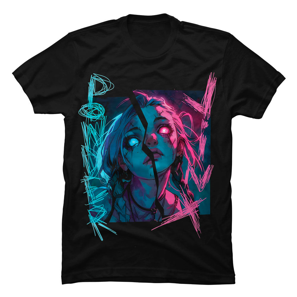 Camiseta negra de algodón para jóvenes con diseño dinámico de Jinx de Arcane rodeada de efectos de energía y poder