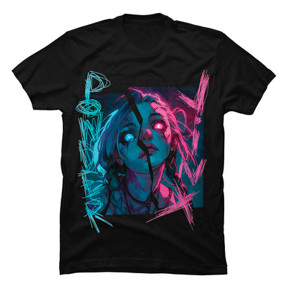 Camiseta negra de algodón para jóvenes con diseño dinámico de Jinx de Arcane rodeada de efectos de energía y poder