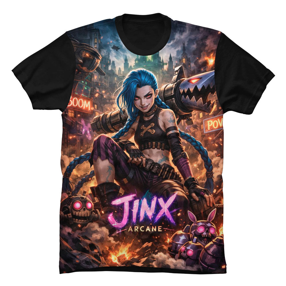 Camiseta negra de algodón con un diseño gráfico dinámico de Jinx de Arcane y la palabra estilizada "Boom" rodeada de efectos visuales