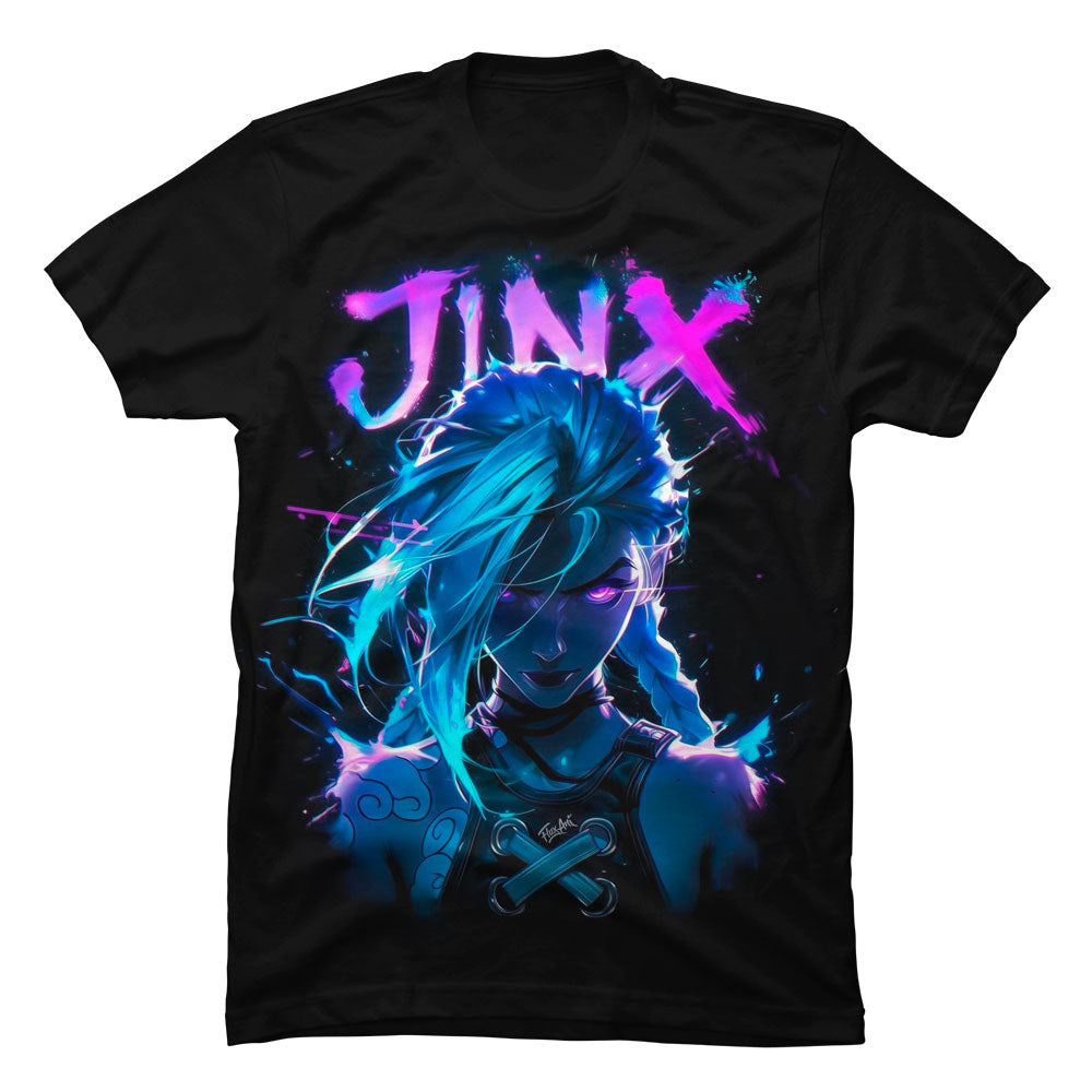 Camiseta negra de algodón con ilustración gráfica de Powder (la versión infantil de Jinx) inspirada en la serie Arcane