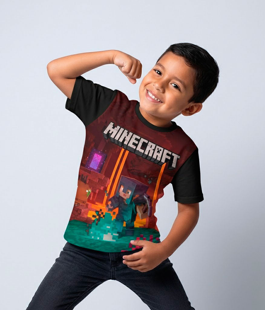 niño usando camiseta de algodón para niños con diseño gráfico detallado del Inframundo (Nether) de Minecraft sobre fondo oscuro