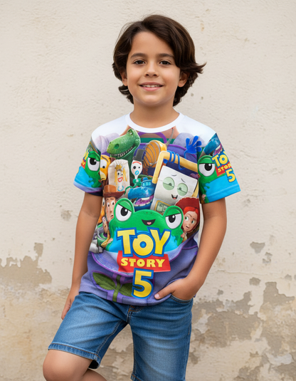 Camiseta blanca de algodón con el logo oficial y los personajes Woody y Buzz de la película Toy Story 5
