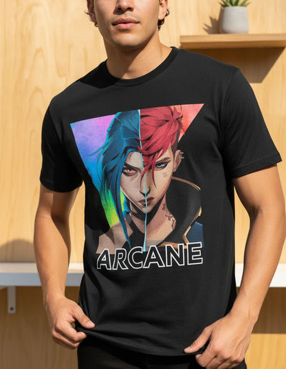 Primer plano del estampado de alta definición que muestra el contraste entre el azul de Jinx y el rosa/rojo de Vi