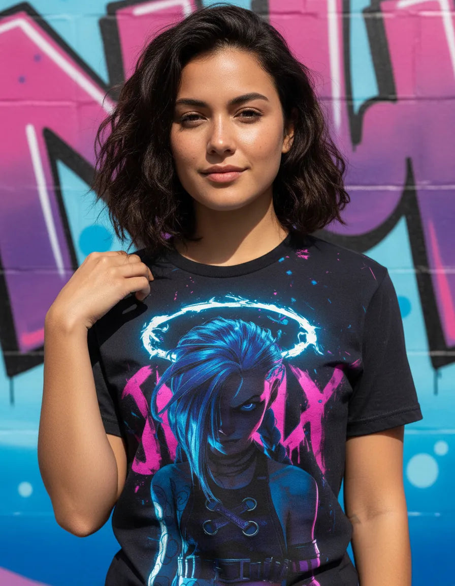 Primer plano del estampado de alta calidad de Jinx, mostrando los detalles de los trazos y colores resistentes al lavado
