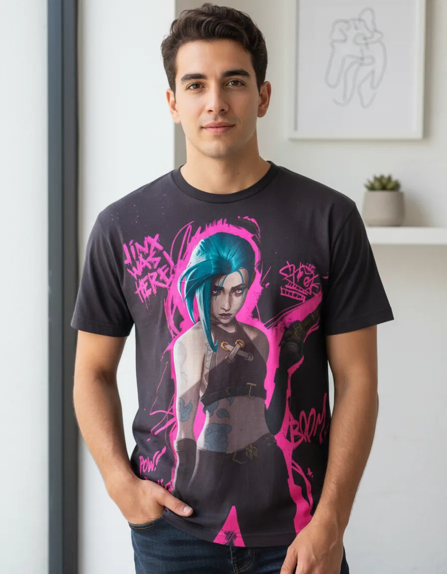 Detalle del estampado de alta definición de Jinx, mostrando los colores azules y violetas vibrantes resistentes al lavado