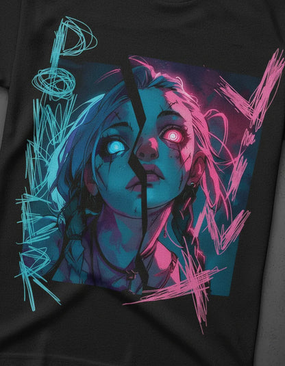 Primer plano del estampado "Power Jinx", resaltando los colores eléctricos y la precisión de los detalles del diseño