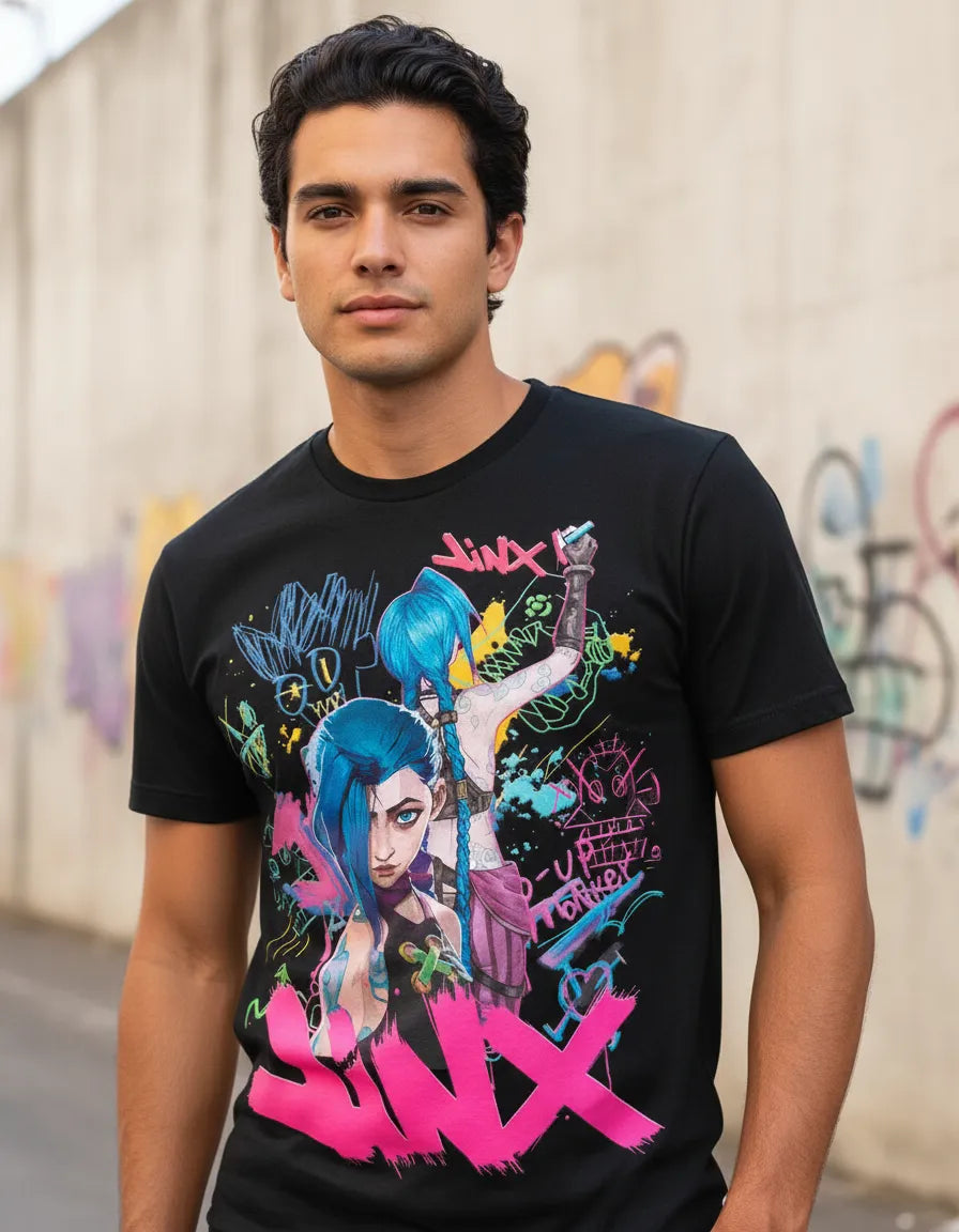 Primer plano del estampado estilo graffiti de Jinx, resaltando los trazos tipo aerosol y la intensidad de los colores