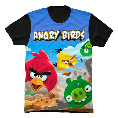 Camiseta negra de algodón para niños con diseño gráfico de los personajes Red, Chuck y los cerditos verdes de Angry Birds