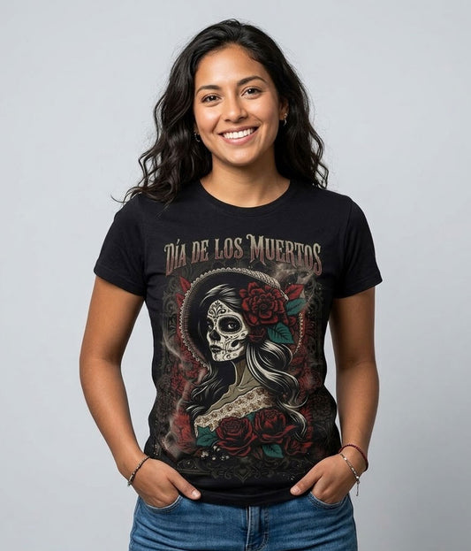 Modelo luciendo la Camiseta Catrina Día de los Muertos en un outfit urbano streetwear.