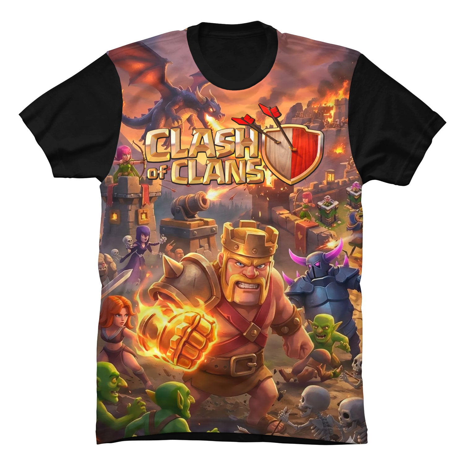 Camiseta negra en Tela Piel de Durazno 180grs con diseño gráfico a todo color inspirado en los personajes y batallas de Clash of Clans