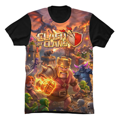 Camiseta negra en Tela Piel de Durazno 180grs con diseño gráfico a todo color inspirado en los personajes y batallas de Clash of Clans