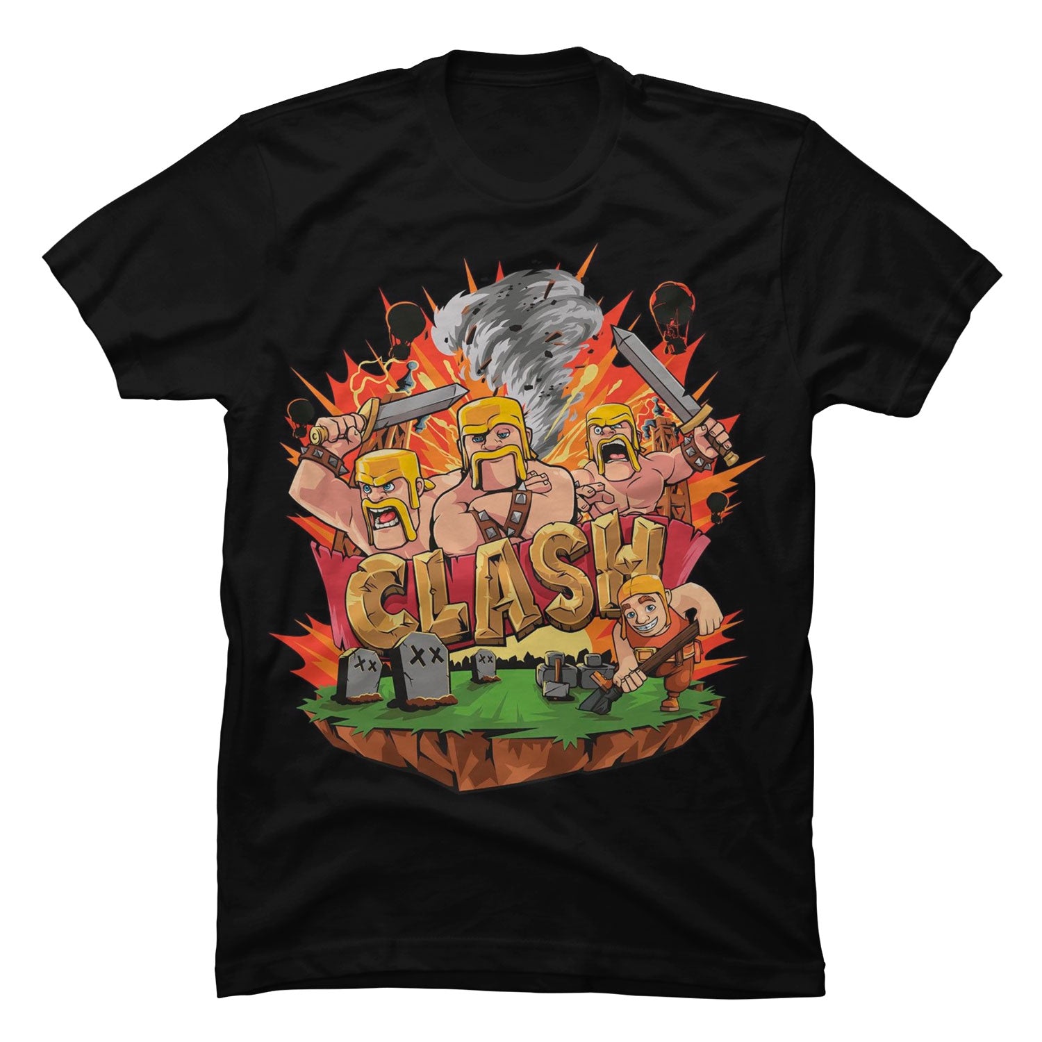 Camiseta negra en Tela Piel de Durazno 180grs con diseño gráfico estampado a color de un héroe legendario de Clash of Clans