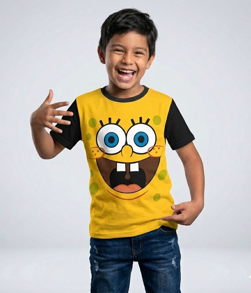 Camiseta estampada con el diseño de la sonrisa clásica y ojos grandes de Bob Esponja en alta definición