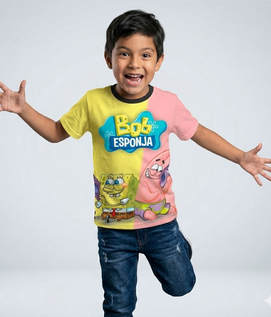 Camiseta negra estampada con el diseño de Bob Esponja y Patricio Estrella abrazados en alta definición