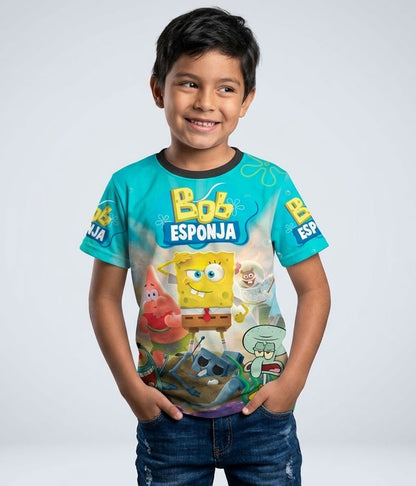 Camiseta estampada con diseño multicolor de Bob Esponja, Patricio, Calamardo y personajes de Fondo de Bikini