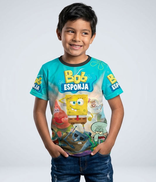 Camiseta estampada con diseño multicolor de Bob Esponja, Patricio, Calamardo y personajes de Fondo de Bikini