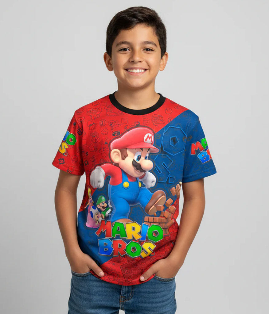 Camiseta negra de algodón para niños con diseño de Super Mario Bros junto a Luigi, Yoshi y la Princesa Peach.