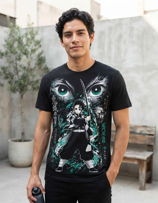 Modelo luciendo la Camiseta Tanjiro Espada Demon Slayer en un outfit urbano streetwear anime.
