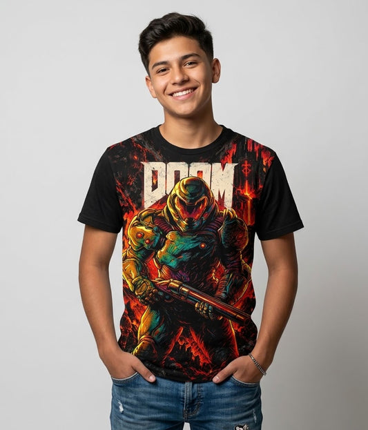 Modelo luciendo la Camiseta Doom Slayer en un outfit urbano streetwear gamer.