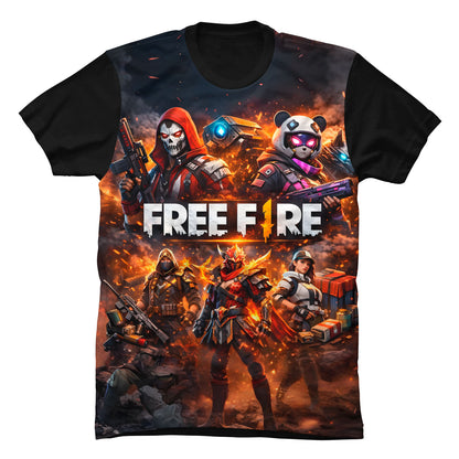 Camiseta negra en Tela Piel de Durazno 180grs con diseño gráfico a color inspirado en los personajes y skins de la nueva temporada de Free Fire 2026