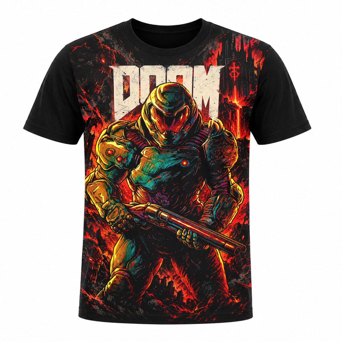 Camiseta en Tela Premium de 180grs con ilustración de la Camiseta Doom Slayer.