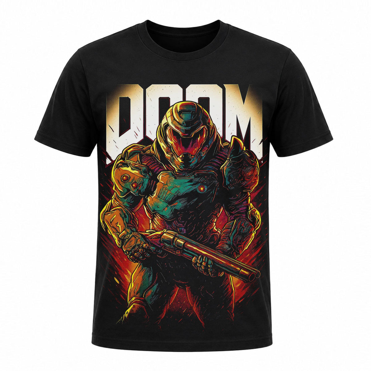 Camiseta en Tela Premium de 180grs con ilustración de la Camiseta Doom Slayer Escopeta.