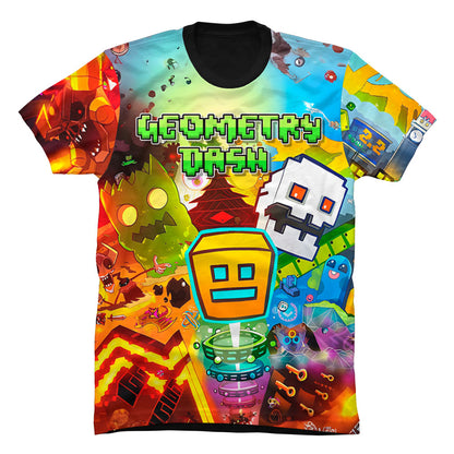 Detalle en alta definición de los iconos y niveles de Geometry Dash estampados sobre tela piel de durazno 180grs