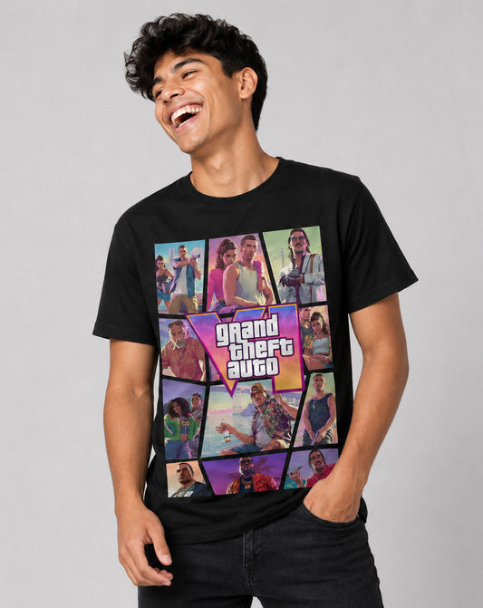 Modelo usando de forma casual la camiseta urbana de GTA VI, mostrando un outfit streetwear moderno, cómodo y de estilo gamer
