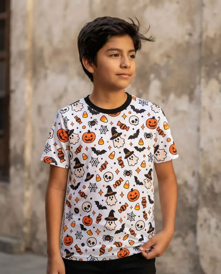Modelo luciendo la Camiseta Halloween Fantasmitas en un outfit urbano streetwear festivo.
