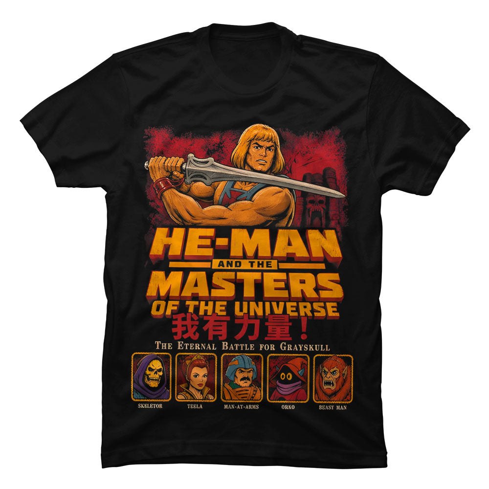 Primer plano del estampado de alta definición de He-Man, mostrando los trazos retro inspirados en los cómics clásicos y la resistencia de las tintas.
