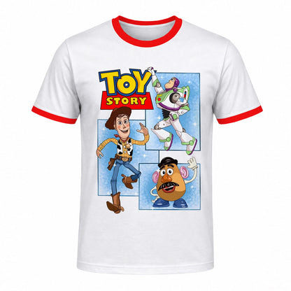 Camiseta Ringer en Tela Premium de 180grs con ilustración de la Camiseta Toy Story Buzz Woody Cara de Papa.