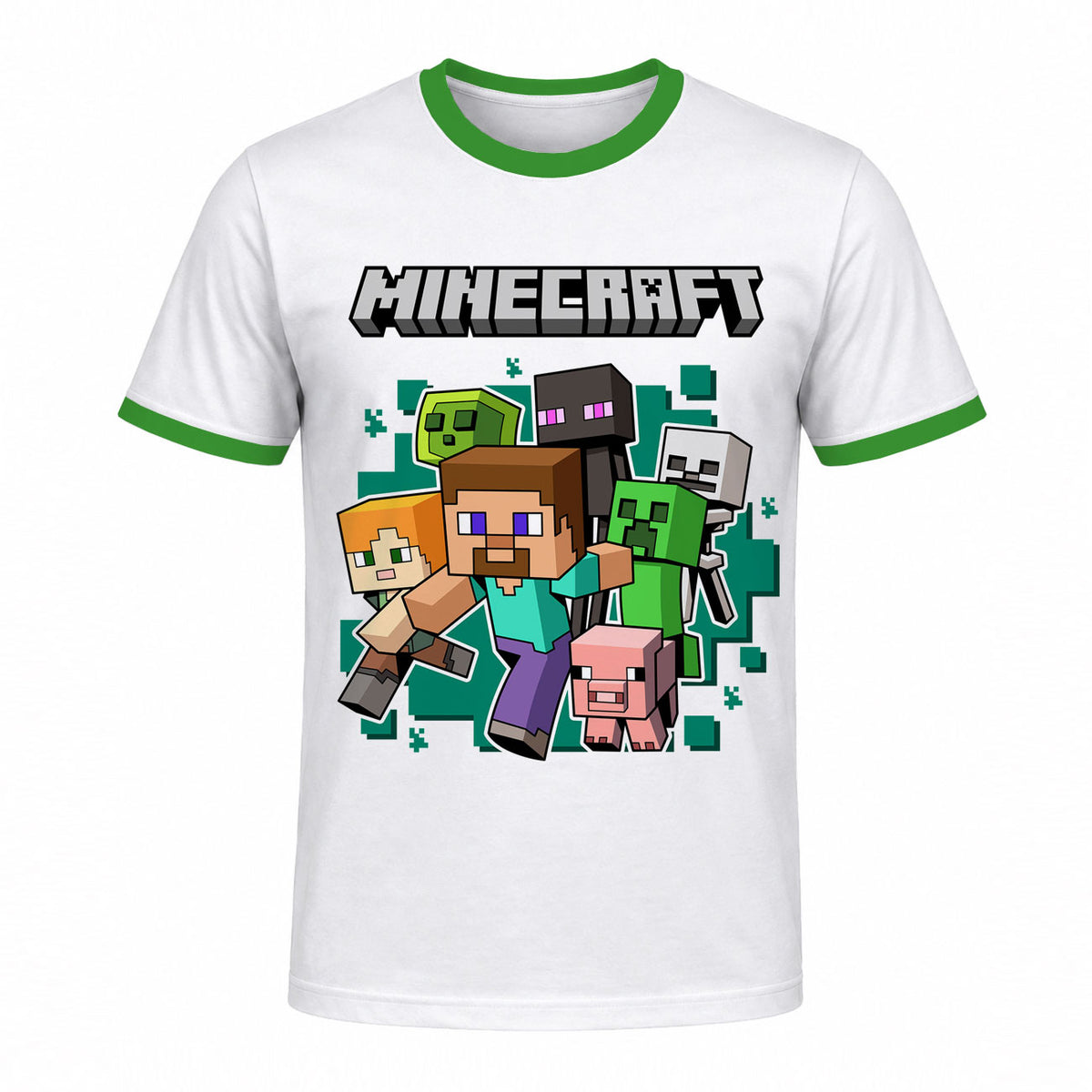 Camiseta Ringer en Tela Premium de 180grs con ilustración de la Camiseta Minecraft Super Personajes Tipo Ringer.
