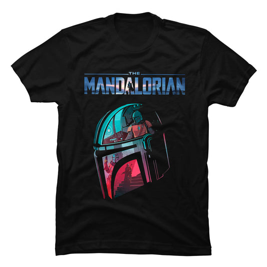 Camiseta negra de algodón premium con un estampado gráfico central y detallado del casco gris Beskar de The Mandalorian
