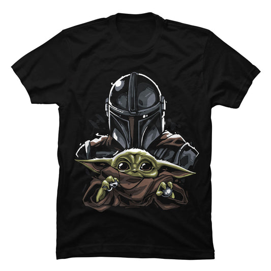 Camiseta negra de algodón premium con diseño gráfico detallado de el Mandaloriano junto a Baby Yoda (Grogu)