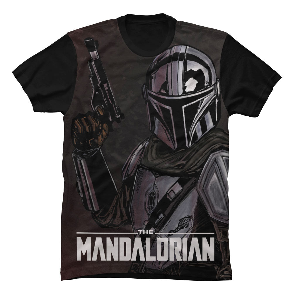 Camiseta negra de algodón premium con estampado gráfico detallado del arma IB-94 rifle de pulso Amban de The Mandalorian