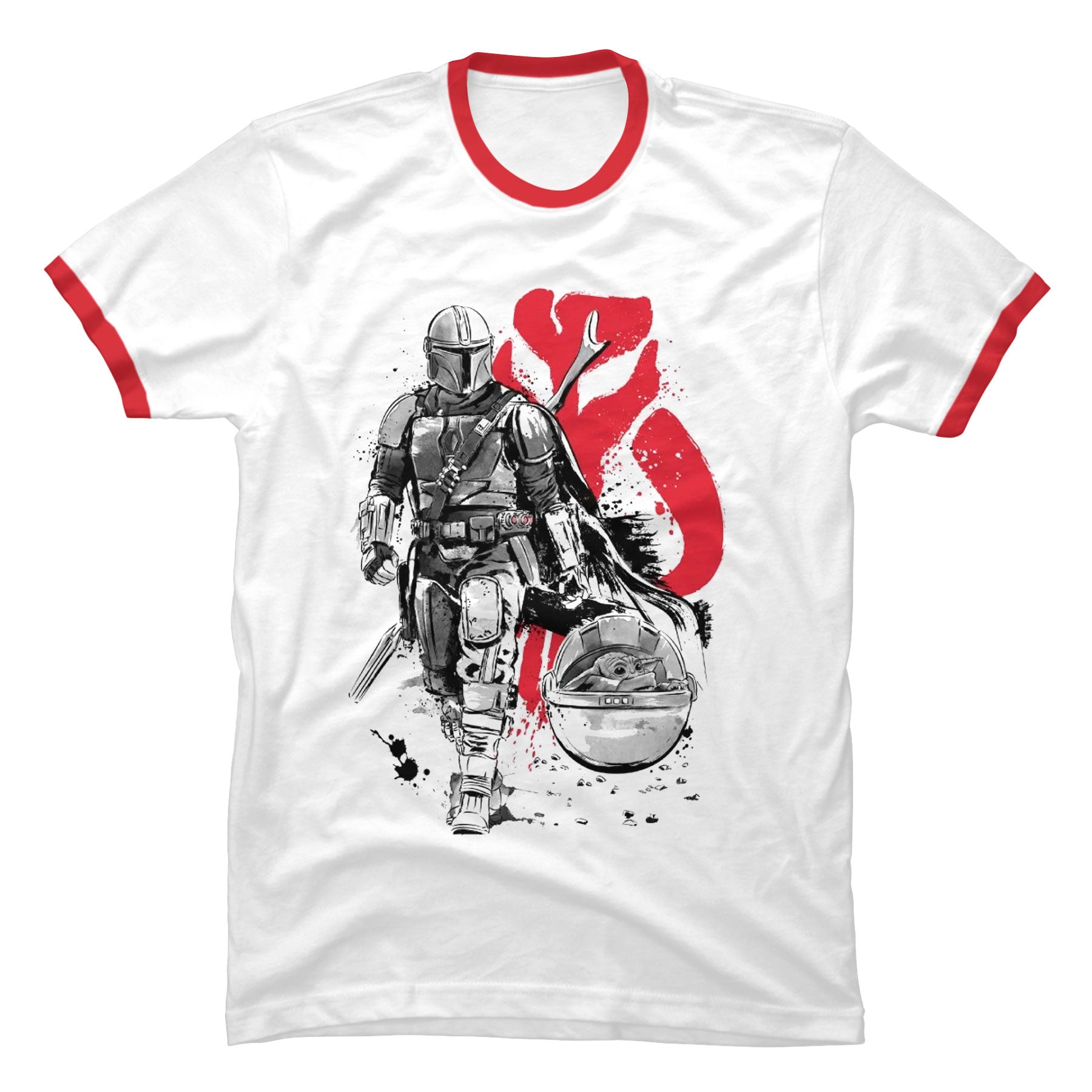 Camiseta estilo ringer blanca de algodón con cuello y bordes de mangas negros en contraste, con estampado central de The Mandalorian