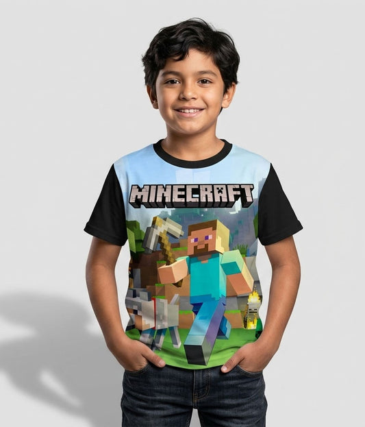 Camiseta verde de algodón para niños con el icónico diseño gráfico de los personajes y bloques de Minecraft Clásico