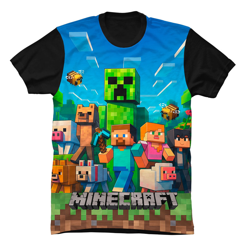 Primer plano del estampado "Universo Minecraft" con colores brillantes y detalles pixelados de alta definición