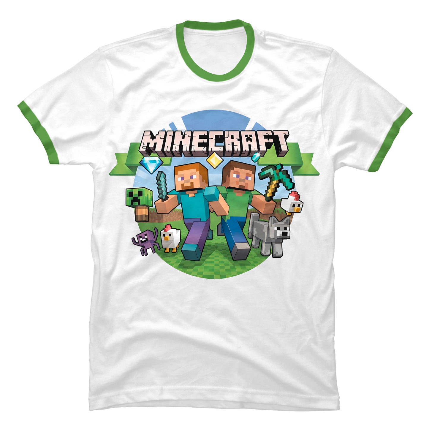 Primer plano de los acabados reforzados en el cuello y mangas del modelo Ringer de Minecraft