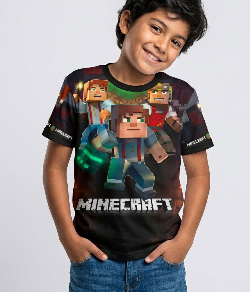 Camiseta negra de algodón para niños con diseño de Steve y Alex explorando el Inframundo de Minecraft