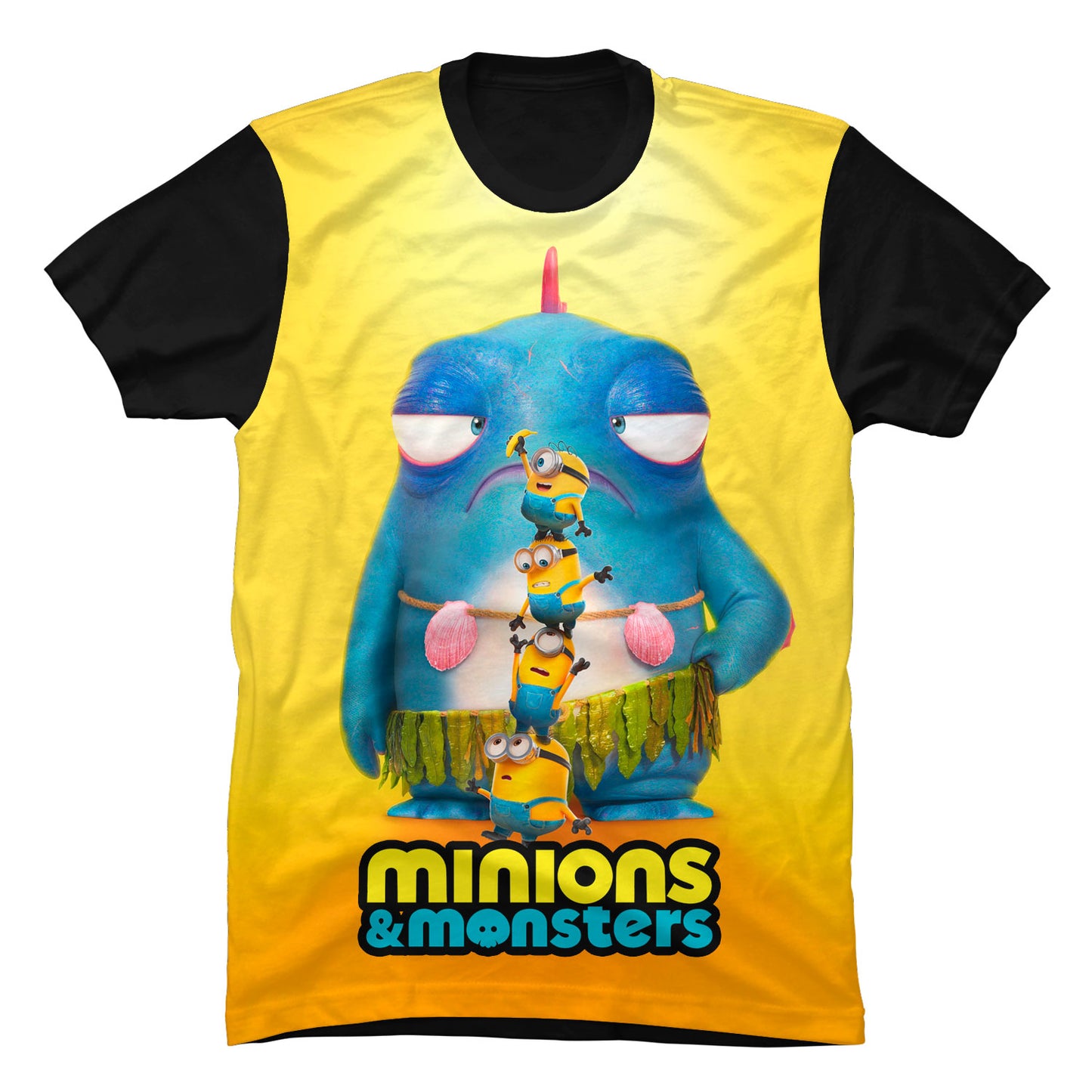Camiseta negra en Tela Piel de Durazno 180grs con diseño gráfico a color de la portada de la película combinada de Minions y Monstruos