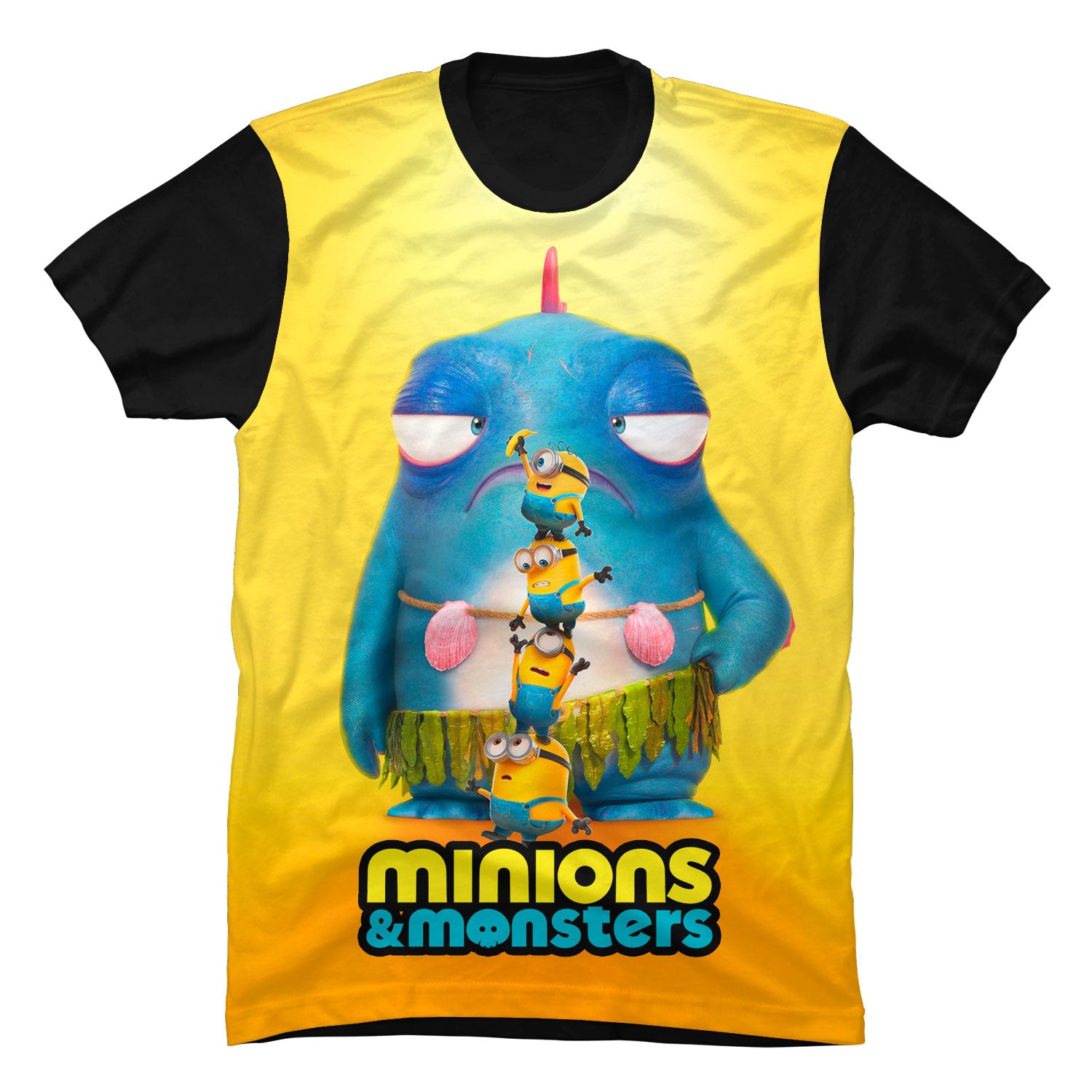 Camiseta negra en Tela Piel de Durazno 180grs con diseño gráfico a color de la portada de la película combinada de Minions y Monstruos