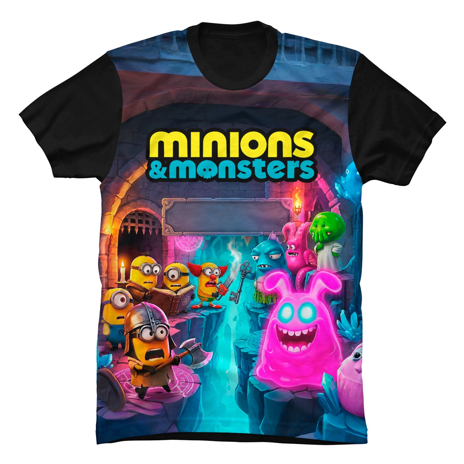 Camiseta negra en Tela Piel de Durazno 180grs con diseño gráfico a color de una pandilla de personajes combinados de Minions y Monstruos