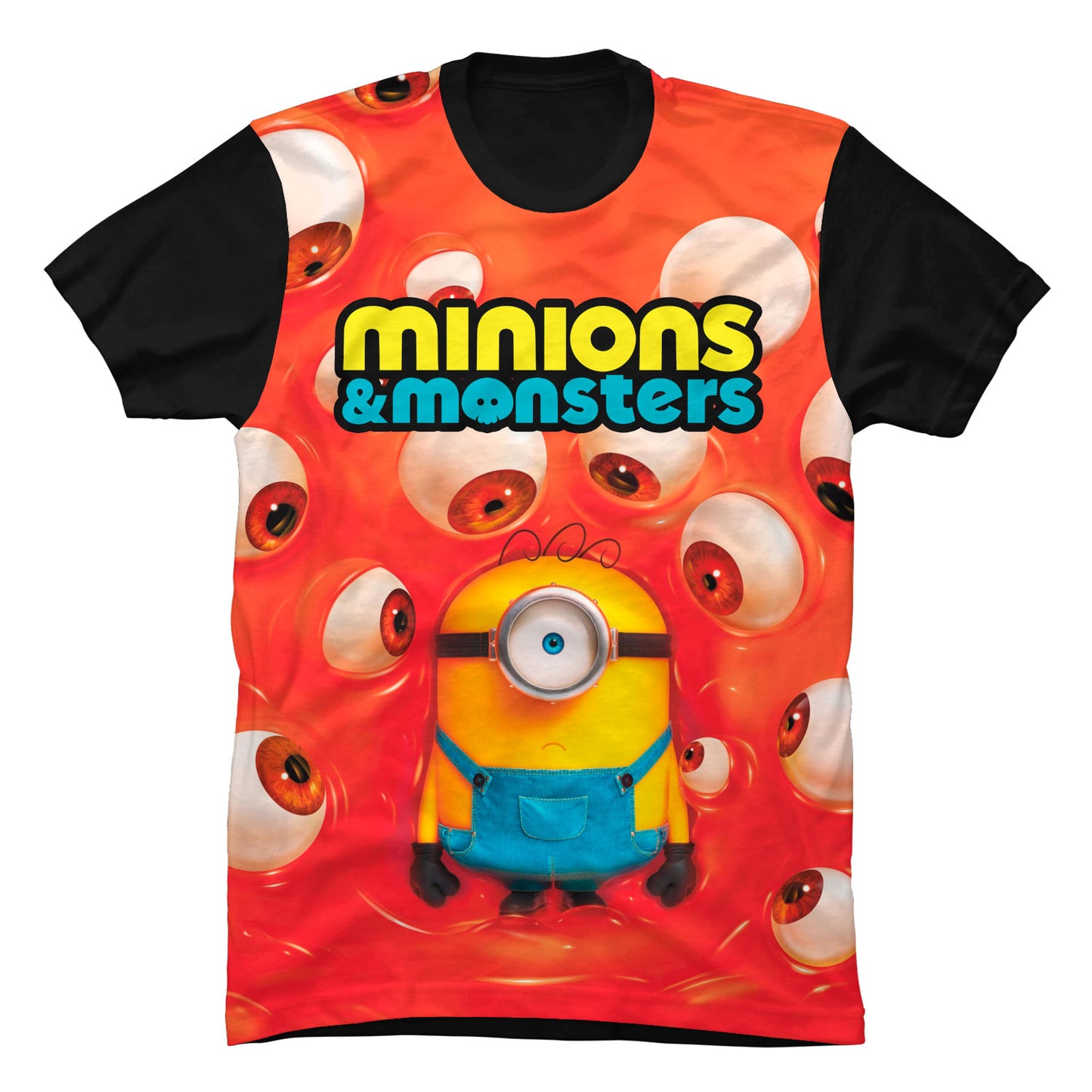 Camiseta negra en Tela Piel de Durazno 180grs con diseño gráfico moderno y colorido de la edición especial Minions y Monstruos 2026