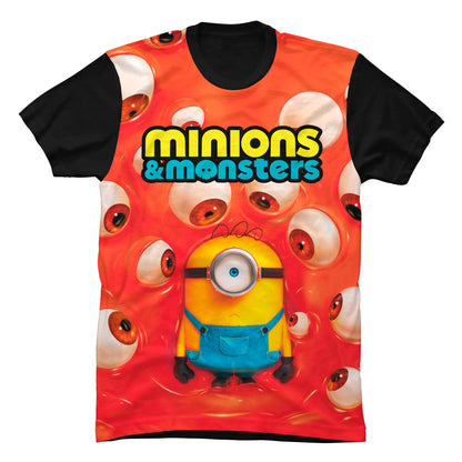 Camiseta negra en Tela Piel de Durazno 180grs con diseño gráfico moderno y colorido de la edición especial Minions y Monstruos 2026