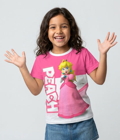 amiseta negra de algodón para niñas con diseño gráfico de la Princesa Peach de Super Mario Bros en tonos rosa.